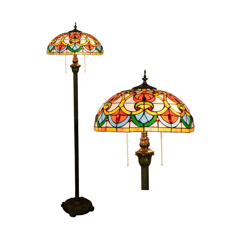 Tiffany Dome Shade in piedi Light 2 Bulbs Lampada a pavimento in vetro artigianale con catena a trazione