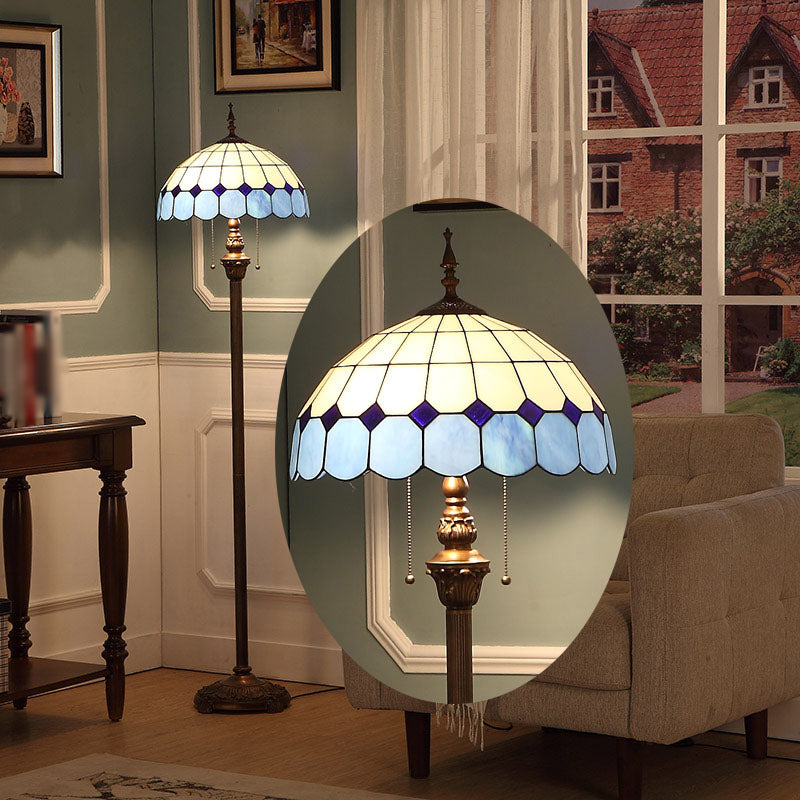 Geschulpte koepel vloerlicht 2 bollen gekleurd kunstglas trekketting staande lamp in blauw