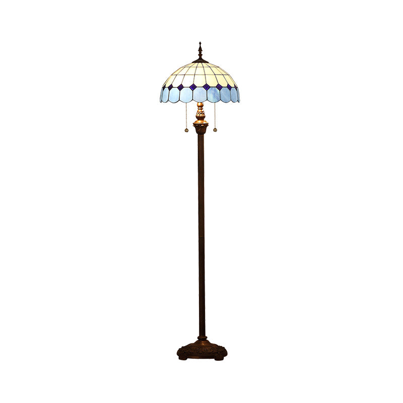 Geschulpte koepel vloerlicht 2 bollen gekleurd kunstglas trekketting staande lamp in blauw