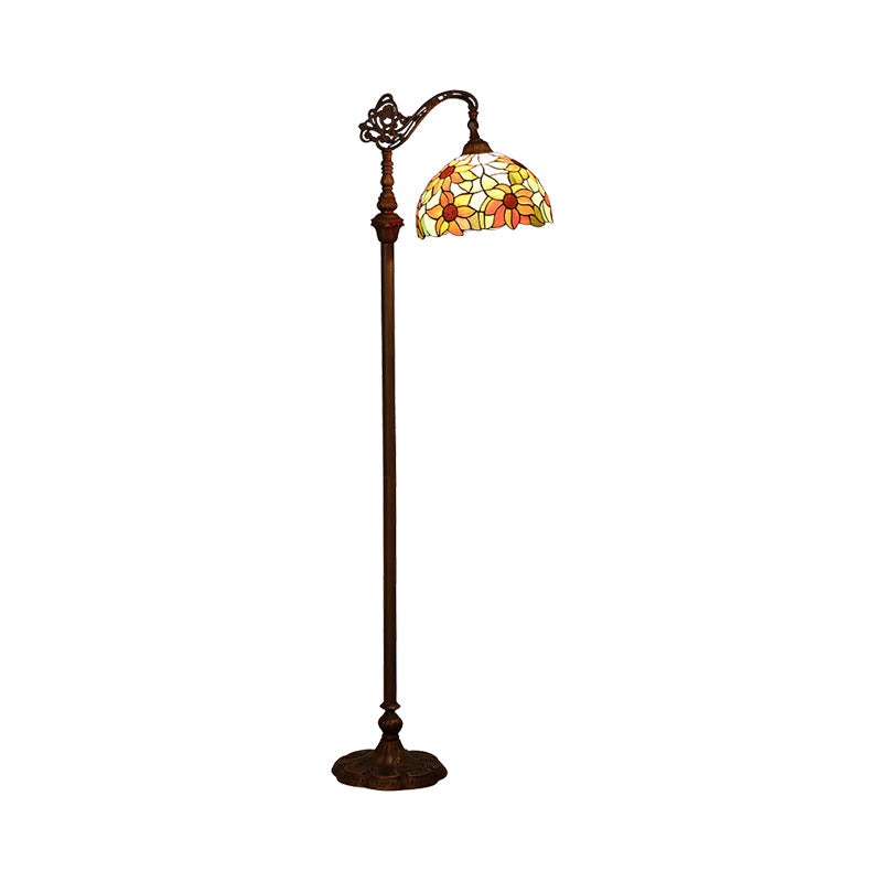 Single-Bulb Standing Light Classic Floral Pattern Stained Glass Reading Floor Light in Orange