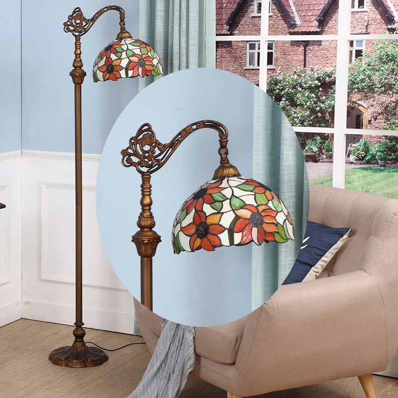 Single-Bulb Standing Light Classic Floral Pattern Stained Glass Reading Floor Light in Orange