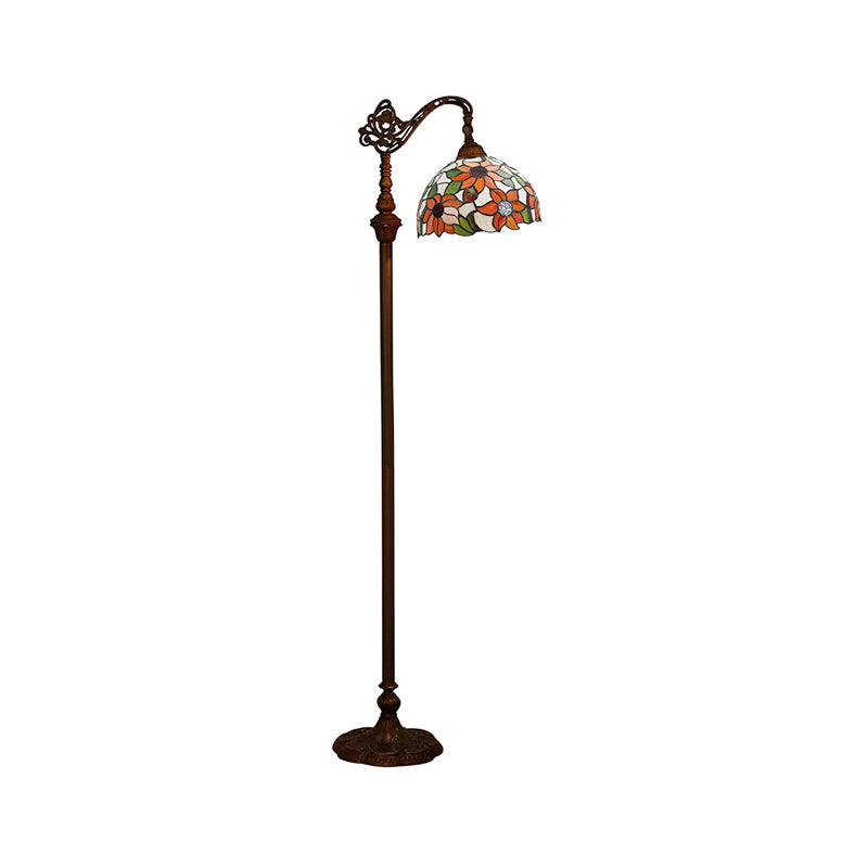 Single-Bulb Standing Light Classic Floral Pattern Stained Glass Reading Floor Light in Orange