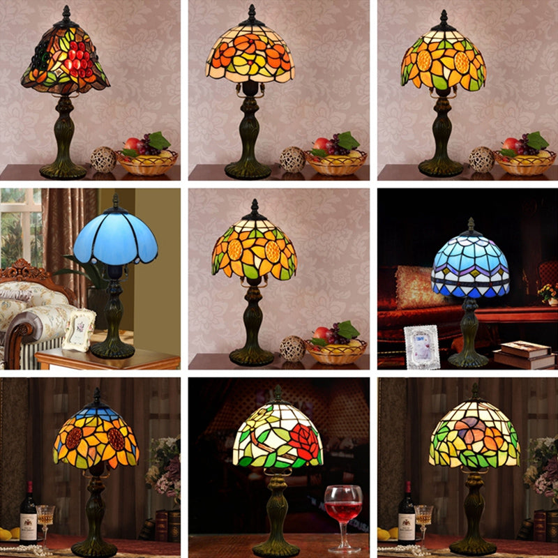 Dome Table Light Single-Bulb Stained Art Glass Tiffany Style Nightstand Lamp for Bedroom