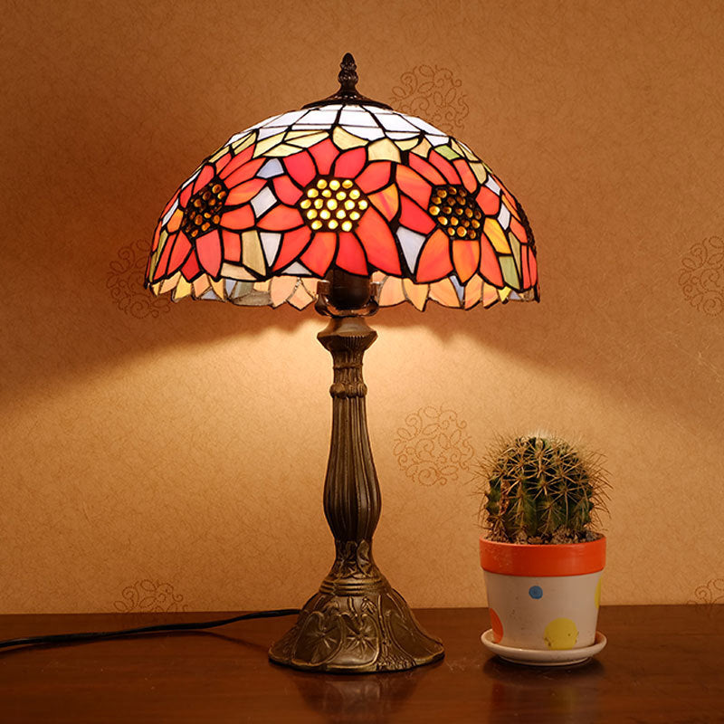 Bowl Shade Nightstand Lamp Single Stained Art Glass Classic Table Lighting in Orange with Sunflower Pattern