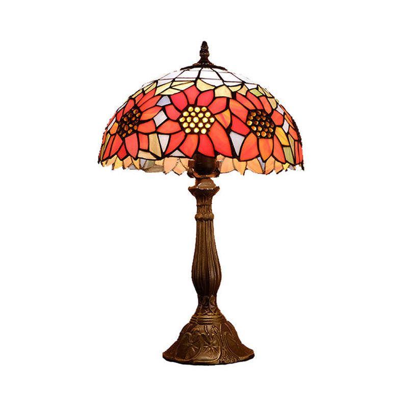 Bowl Shade Nightstand Lamp Single Stained Art Glass Classic Table Lighting in Orange with Sunflower Pattern