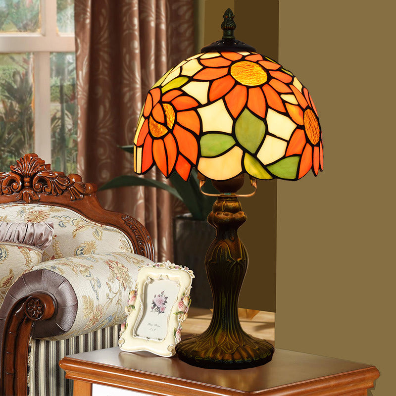 1-Light Table Lamp Tiffany Sunflower Pattern Stained Glass Nightstand Light in Orange