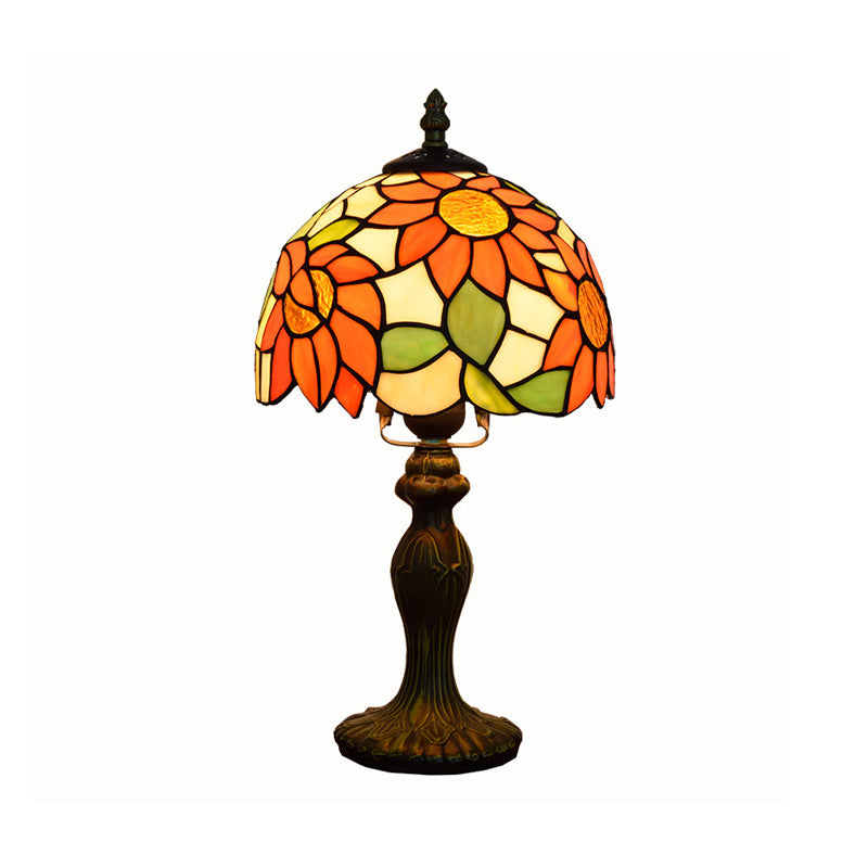 1-Light Table Lamp Tiffany Sunflower Pattern Stained Glass Nightstand Light in Orange