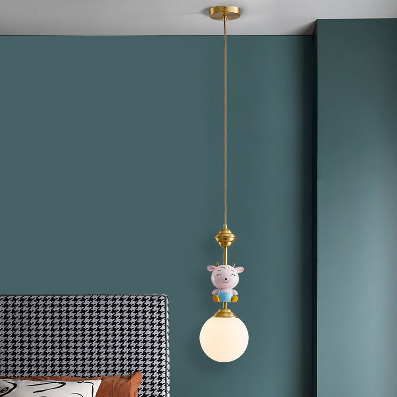 Cartoon Sphere Ceiling Light Opal Glass Single Bedroom Hanging Pendant Light with Decorative Sheep in Gold