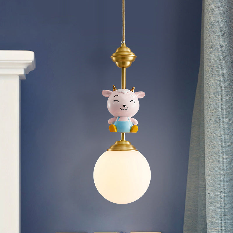 Cartoon Sphere Ceiling Light Opal Glass Single Bedroom Hanging Pendant Light with Decorative Sheep in Gold