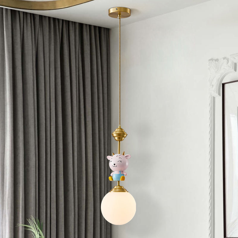 Cartoon Sphere Ceiling Light Opal Glass Single Bedroom Hanging Pendant Light with Decorative Sheep in Gold