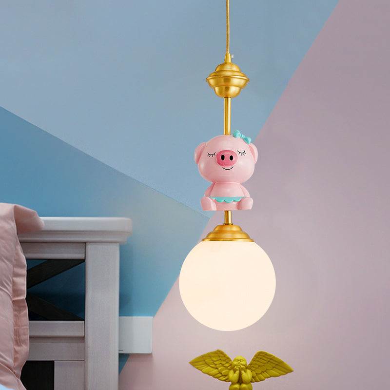 Pig Pendant Light Kids Style Resin Single-Bulb Nursery Suspension Light with Globe Opal Glass Shade in Gold