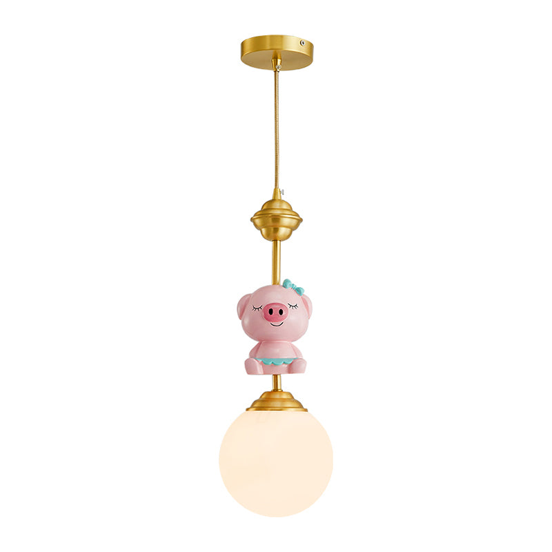 Pig Pendant Light Kids Style Resin Single-Bulb Nursery Suspension Light with Globe Opal Glass Shade in Gold