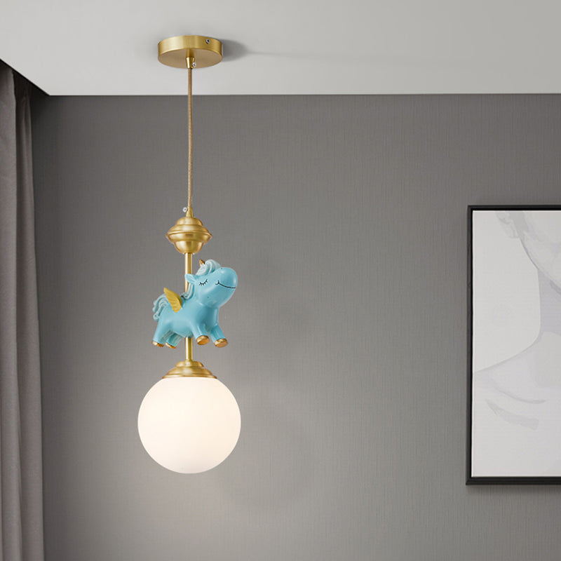 Cream Glass Globe Suspension Light Kids 1-Light Pendant Light Fixture with Resin Unicorn