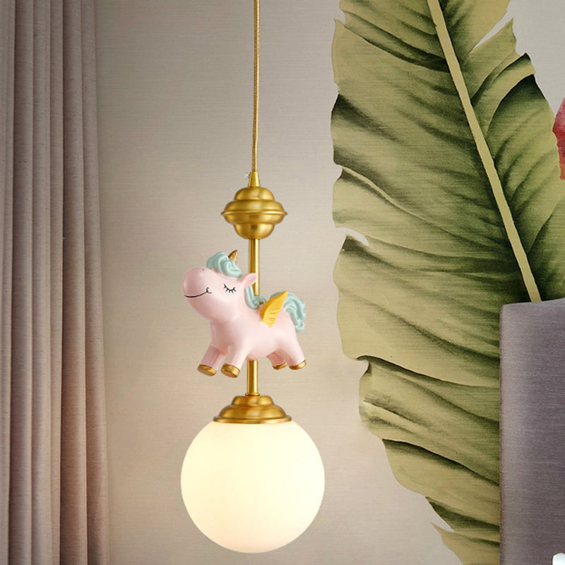 Cream Glass Globe Suspension Light Kids 1-Light Pendant Light Fixture with Resin Unicorn