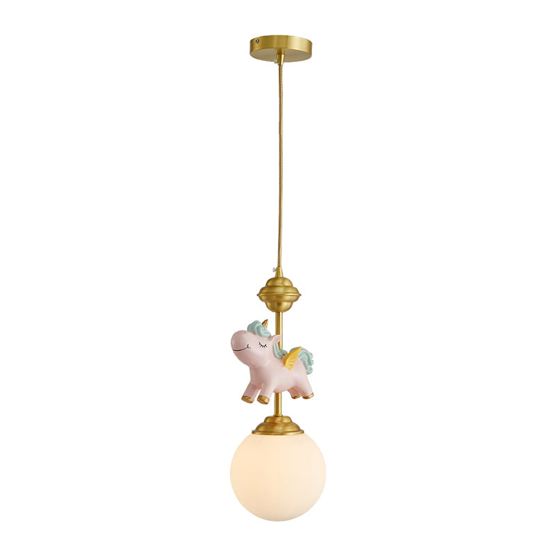 Cream Glass Globe Suspension Light Kids 1-Light Pendant Light Fixture with Resin Unicorn