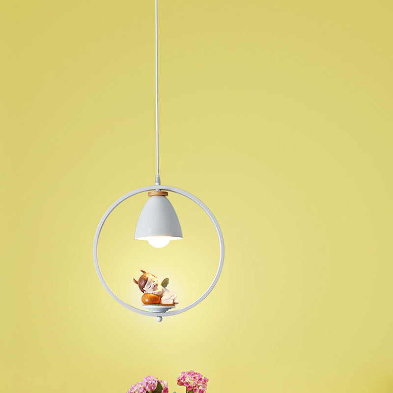 Tapered Shade Metallic Suspension Light Kids Single Textured White Pendant Light with Halo Ring and Resin Figurine