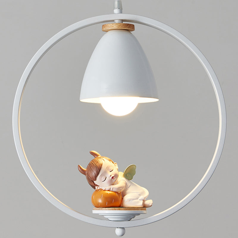 Tapered Shade Metallic Suspension Light Kids Single Textured White Pendant Light with Halo Ring and Resin Figurine