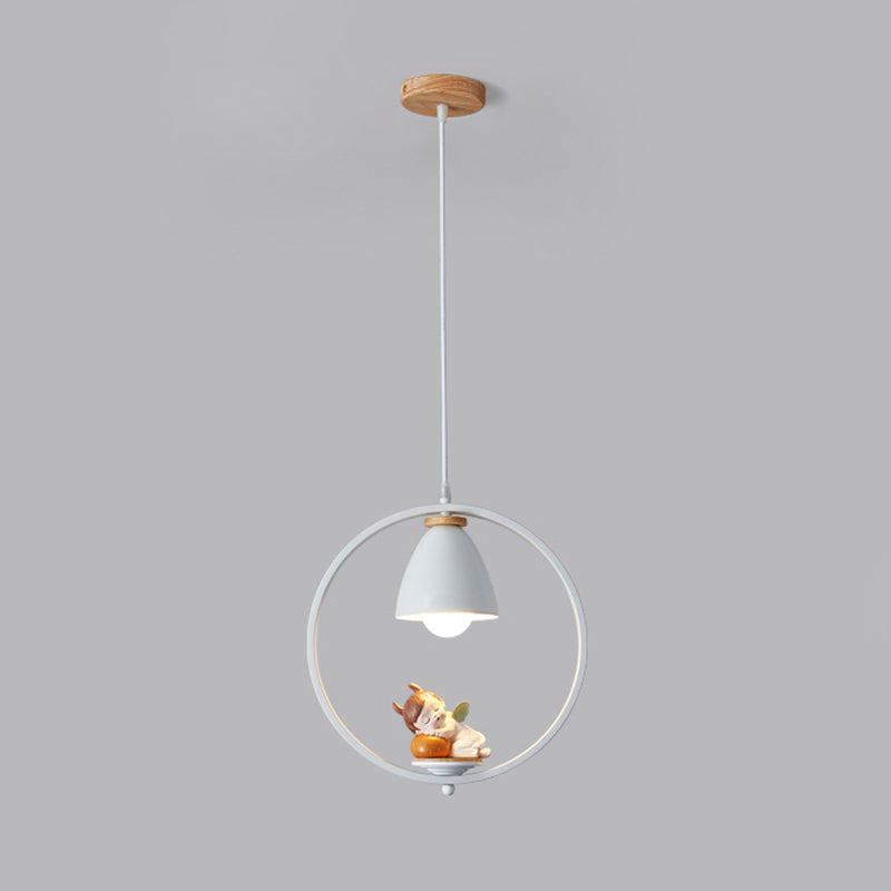 Tapered Shade Metallic Suspension Light Kids Single Textured White Pendant Light with Halo Ring and Resin Figurine