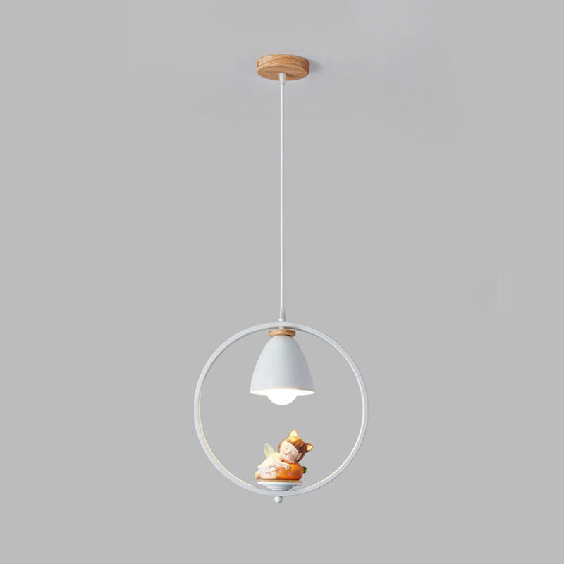 Tapered Shade Metallic Suspension Light Kids Single Textured White Pendant Light with Halo Ring and Resin Figurine