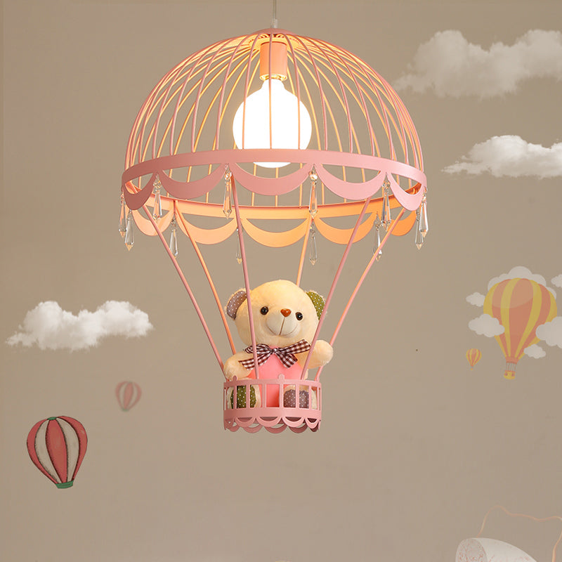 Hot Air Balloon Bedside Ceiling Light Metal Single Cartoon Hanging Lamp with Bear and Crystal Accent