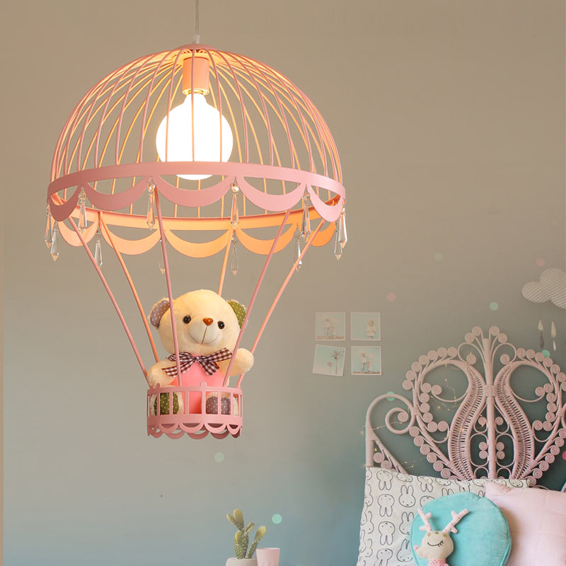 Hot Air Balloon Bedside Ceiling Light Metal Single Cartoon Hanging Lamp with Bear and Crystal Accent