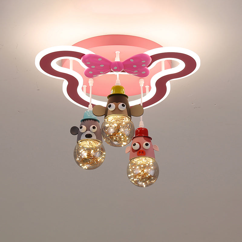 Animal Head Multi Light Pendant Cartoon Metallic Child Room Hanging Lighting in Pink