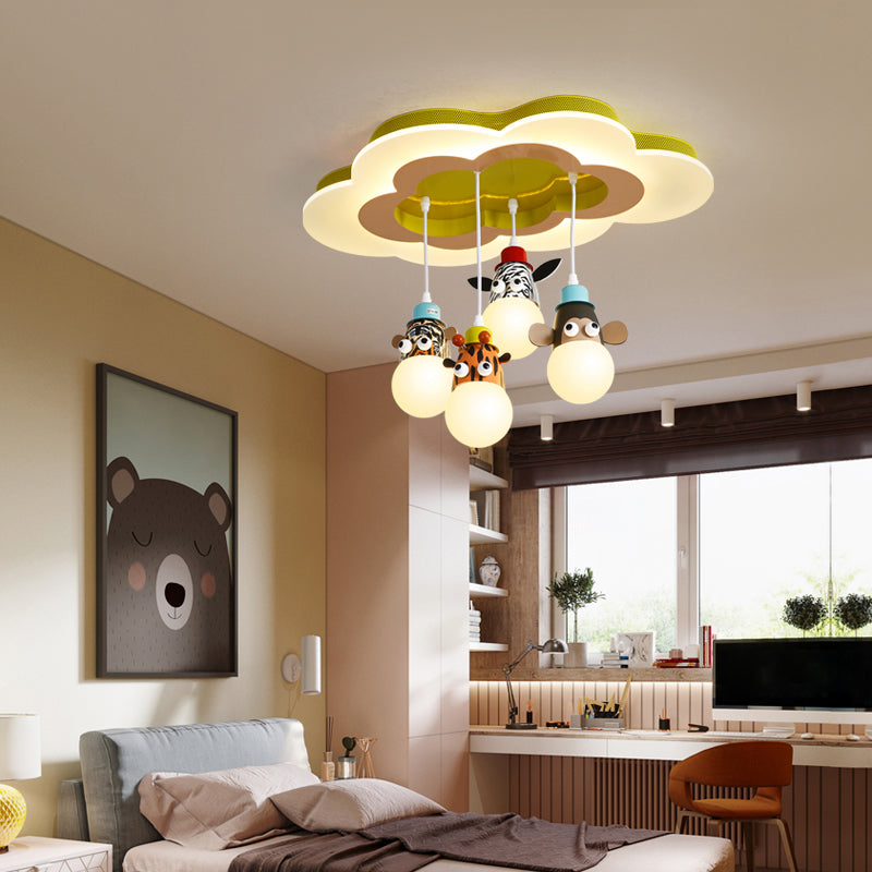 Metallic Animal Head Multi Ceiling Lamp Kids White Suspension Light with Cloud Shaped Canopy