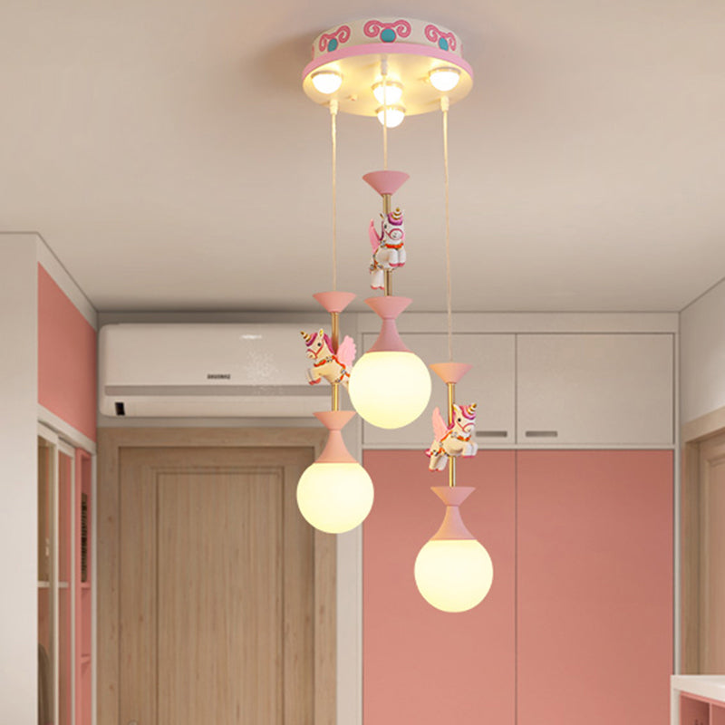 Cartoon Flying Unicorn Multi Light Pendant Resin Kindergarten Hanging Lighting with Sphere Cream Glass Shade