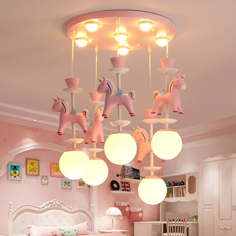 Merry-Go-Round Multi Ceiling Lamp Kids Metallic Nursery Suspension Light Fixture with Unicorn Decor