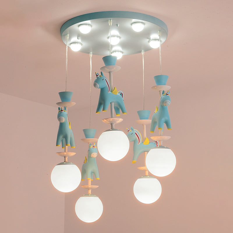 Merry-Go-Round Multi Ceiling Lamp Kids Metallic Nursery Suspension Light Fixture with Unicorn Decor