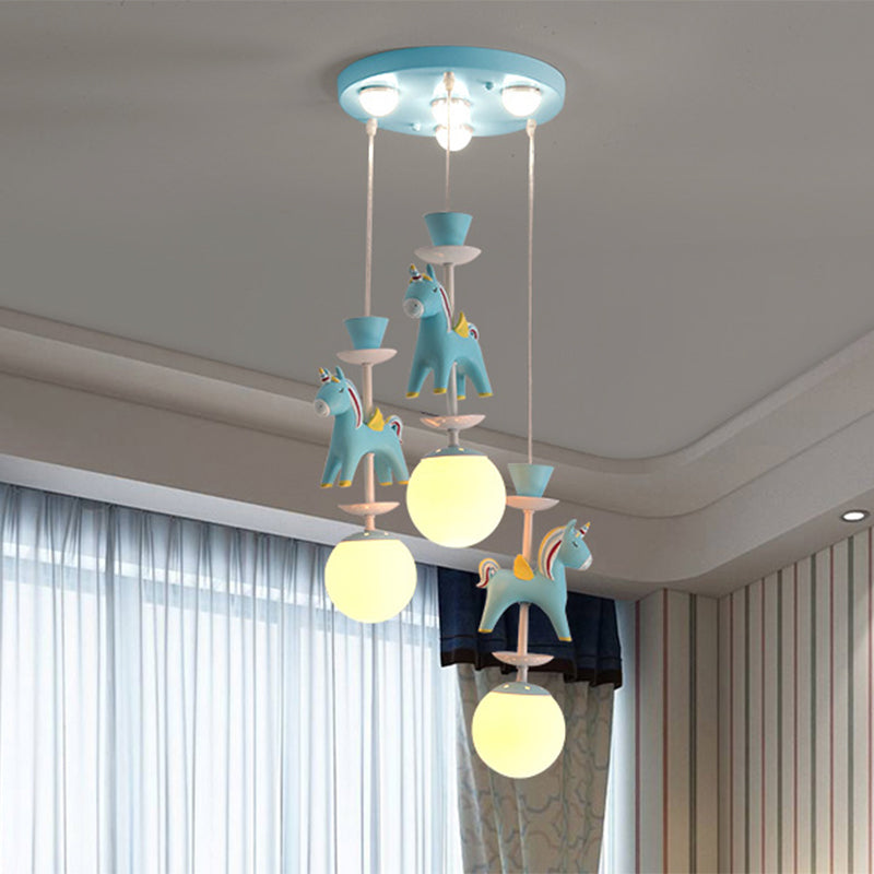 Merry-Go-Round Multi Ceiling Lamp Kids Metallic Nursery Suspension Light Fixture with Unicorn Decor