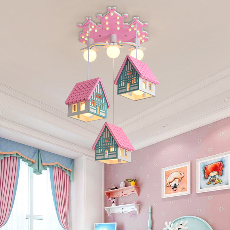Wooden House Shaped Hanging Light Kids Style 6 Heads Multi Light Pendant for Child Room