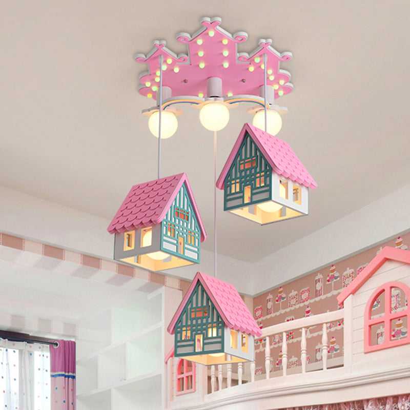 Wooden House Shaped Hanging Light Kids Style 6 Heads Multi Light Pendant for Child Room