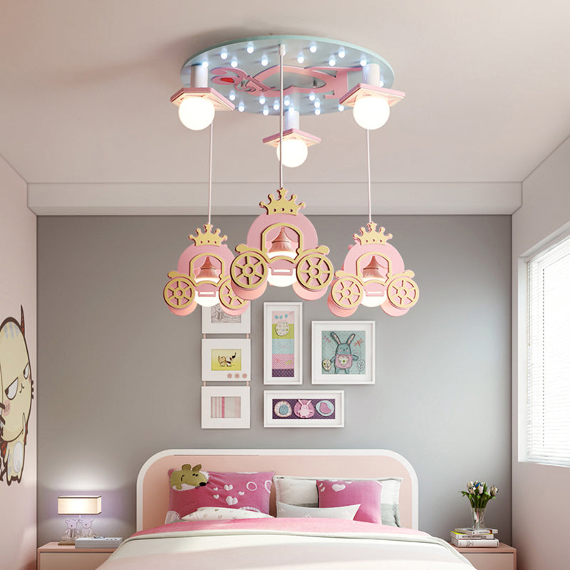 Princess Carriage Ceiling Light Wooden Kids 6 Heads Bedroom Multi Lamp Pendant Light in Pink