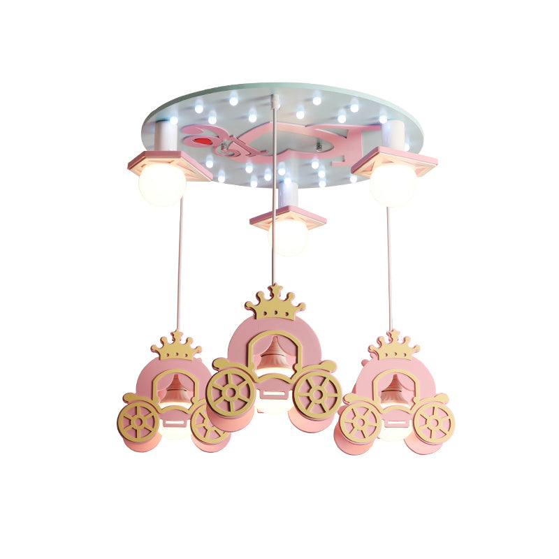 Princess Carriage Ceiling Light Wooden Kids 6 Heads Bedroom Multi Lamp Pendant Light in Pink