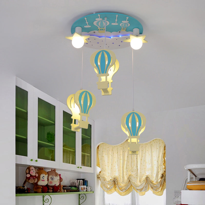 Wood Hot Air Balloon Hanging Pendant Light Kids 5 Bulbs Hanging Lighting for Bedroom
