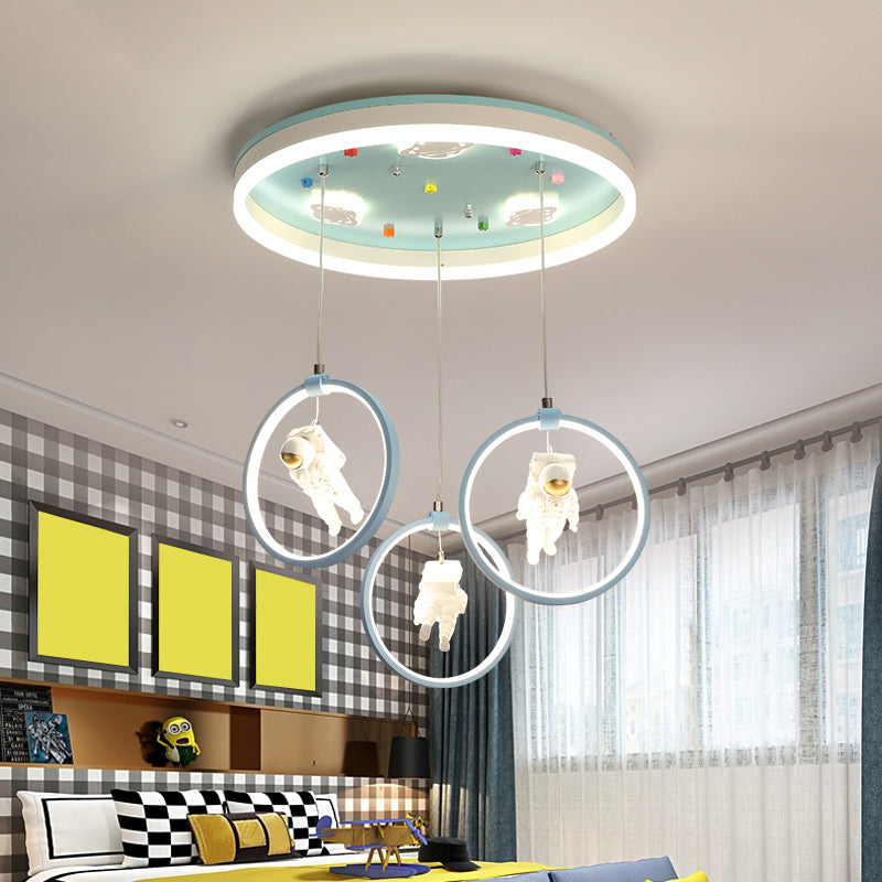 Ring Shaped Metallic Multi Ceiling Light Kids Style Light Green LED Suspension Lighting with Astronaut Decor