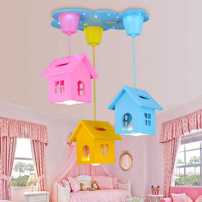 Blue House Shaped Hanging Light Kids 3 Bulbs Wooden Multi Light Pendant for Nursery