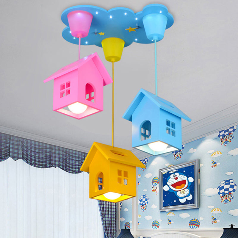 Blue House Shaped Hanging Light Kids 3 Bulbs Wooden Multi Light Pendant for Nursery