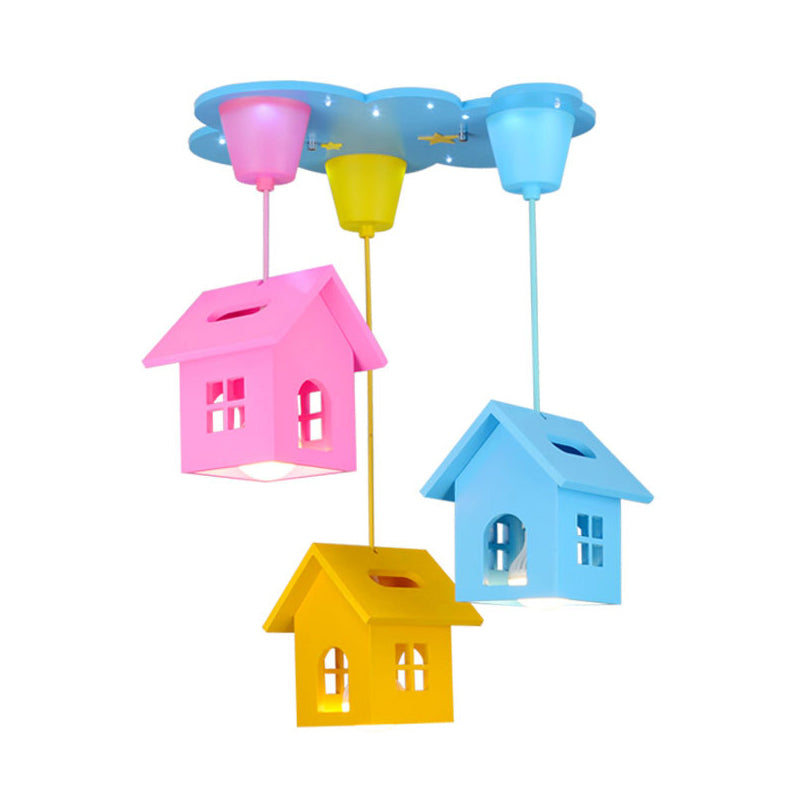 Niños de luz colgada en forma de casa azul 3 bulbos de madera colgante de madera múltiple para guardería