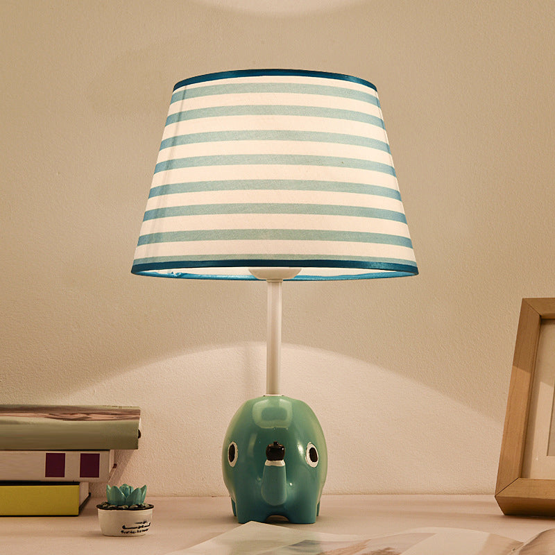 Cartoon Tapered Table Lighting Patterned Fabric 1-Light Child Room Nightstand Lamp with Resin Elephant in Blue