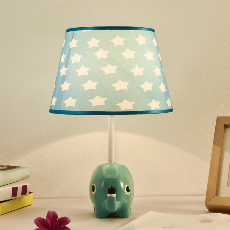 Cartoon Tapered Table Lighting Patterned Fabric 1-Light Child Room Nightstand Lamp with Resin Elephant in Blue