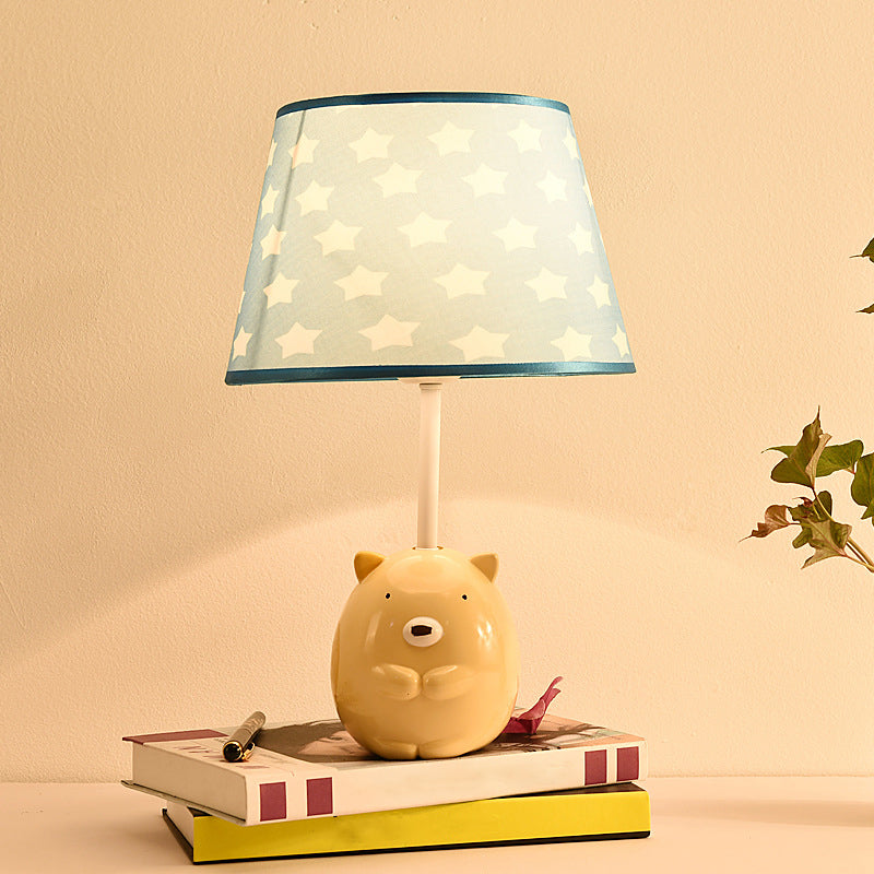 Bear Nightstand Lamp Kids Resin 1 Bulb Bedroom Table Lighting with Tapered Fabric Shade in Apricot