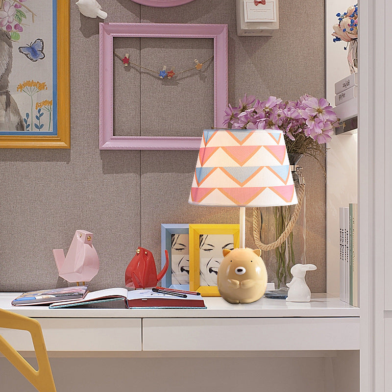 Bear Nightstand Lamp Kids Resin 1 Bulb Bedroom Table Lighting with Tapered Fabric Shade in Apricot