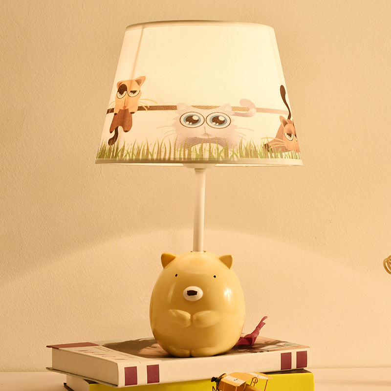 Bear Nightstand Lamp Kids Resin 1 Bulb Bedroom Table Lighting with Tapered Fabric Shade in Apricot