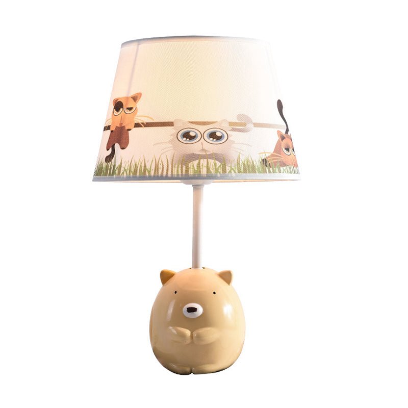 Bear Nightstand Lamp Kids Resin 1 Bulb Bedroom Table Lighting with Tapered Fabric Shade in Apricot