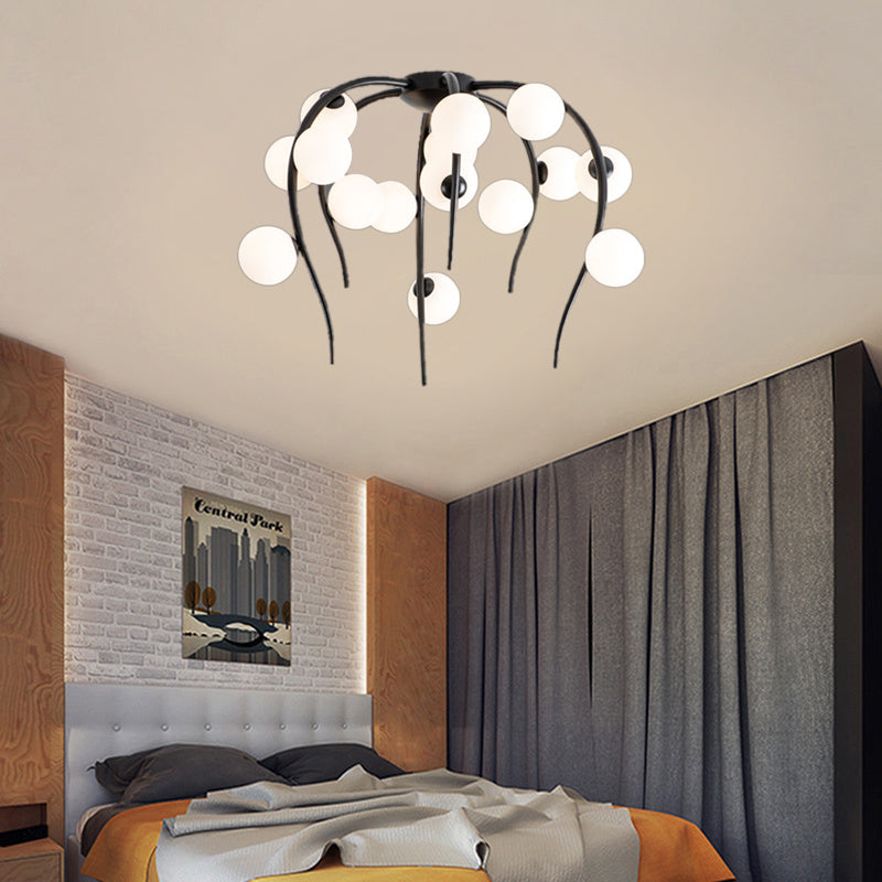 15/20 Lights Living Room Ceiling Flush Mount Globe Milk White Glass Black/Gold Flush Lamp with Weeping Branch Design