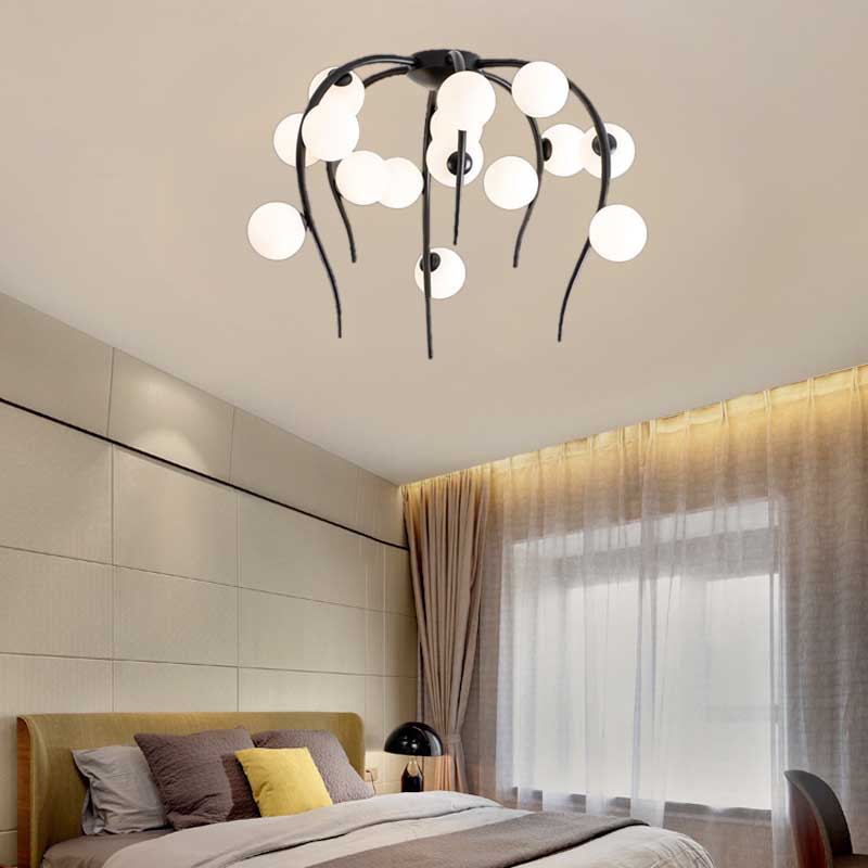 15/20 Lights Living Room Ceiling Flush Mount Globe Milk White Glass Black/Gold Flush Lamp with Weeping Branch Design