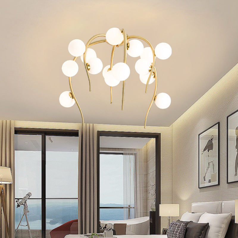 15/20 Lights Living Room Ceiling Flush Mount Globe Milk White Glass Black/Gold Flush Lamp with Weeping Branch Design