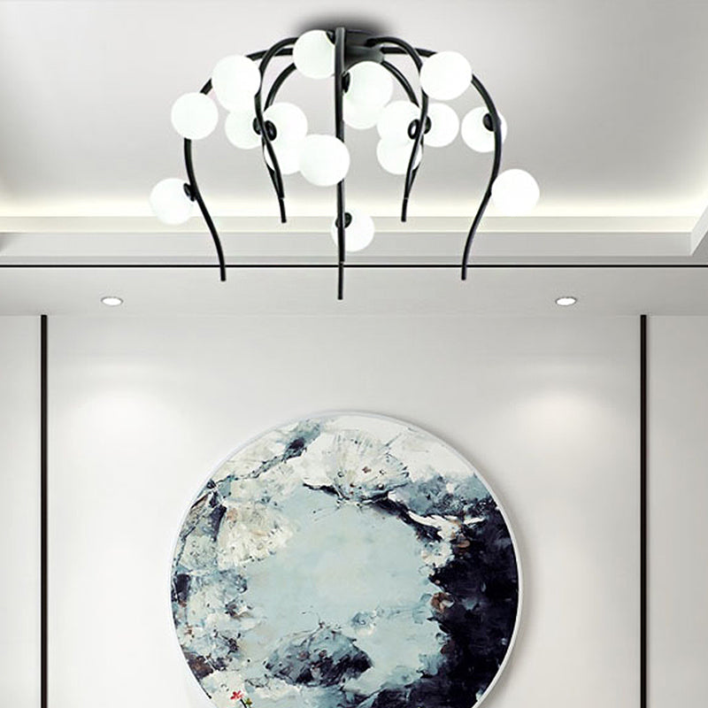 15/20 Lights Living Room Ceiling Flush Mount Globe Milk White Glass Black/Gold Flush Lamp with Weeping Branch Design